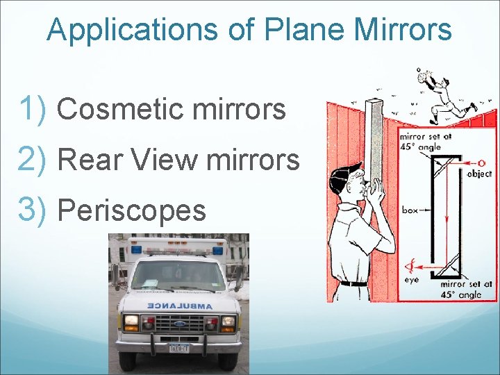 Applications of Plane Mirrors 1) Cosmetic mirrors 2) Rear View mirrors 3) Periscopes 
