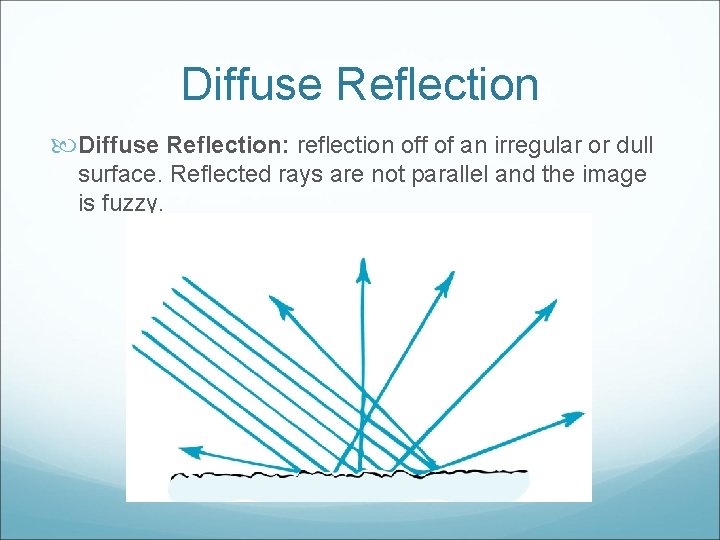 Diffuse Reflection: reflection off of an irregular or dull surface. Reflected rays are not