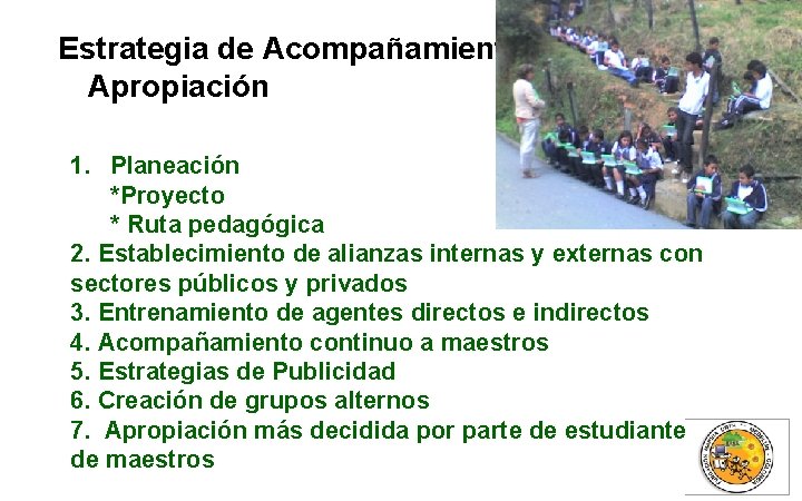 Estrategia de Acompañamiento y Proceso de Apropiación 1. Planeación *Proyecto * Ruta pedagógica 2. Estrategia de Acompañamiento y Proceso de Apropiación 1. Planeación *Proyecto * Ruta pedagógica 2.