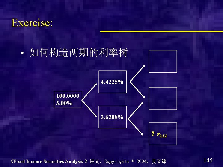 Exercise: • 如何构造两期的利率树 4. 4225% 100. 0000 3. 00% 3. 6208% ？r 2, LL