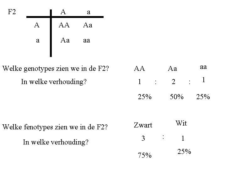 F 2 A a A AA Aa aa Welke genotypes zien we in de