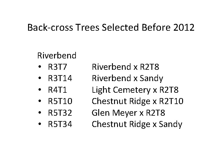 Back-cross Trees Selected Before 2012 • Riverbend • R 3 T 7 • R