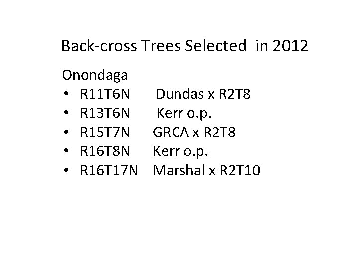 Back-cross Trees Selected in 2012 • Onondaga • R 11 T 6 N Dundas