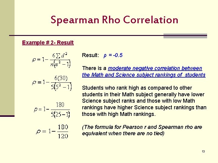 Spearman Rho Correlation Example # 2 - Result: ρ = -0. 5 There is