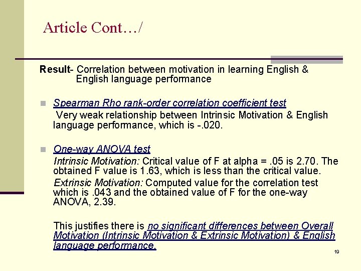 Article Cont…/ Result- Correlation between motivation in learning English & English language performance n