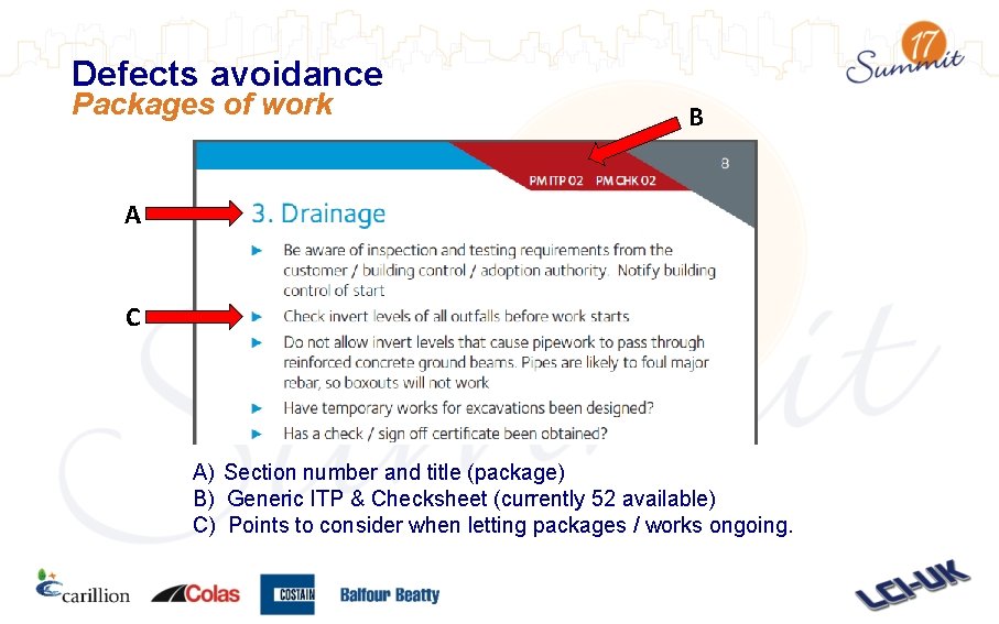 Defects avoidance Packages of work B A C A) Section number and title (package)