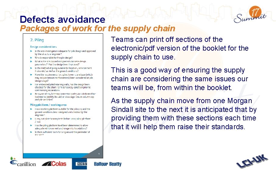 Defects avoidance Packages of work for the supply chain Teams can print off sections