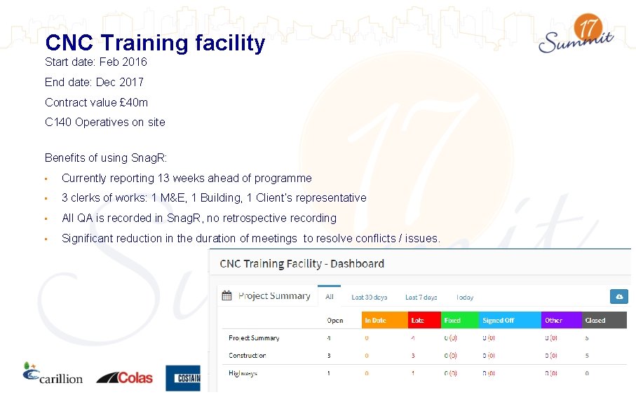 CNC Training facility Start date: Feb 2016 End date: Dec 2017 Contract value £