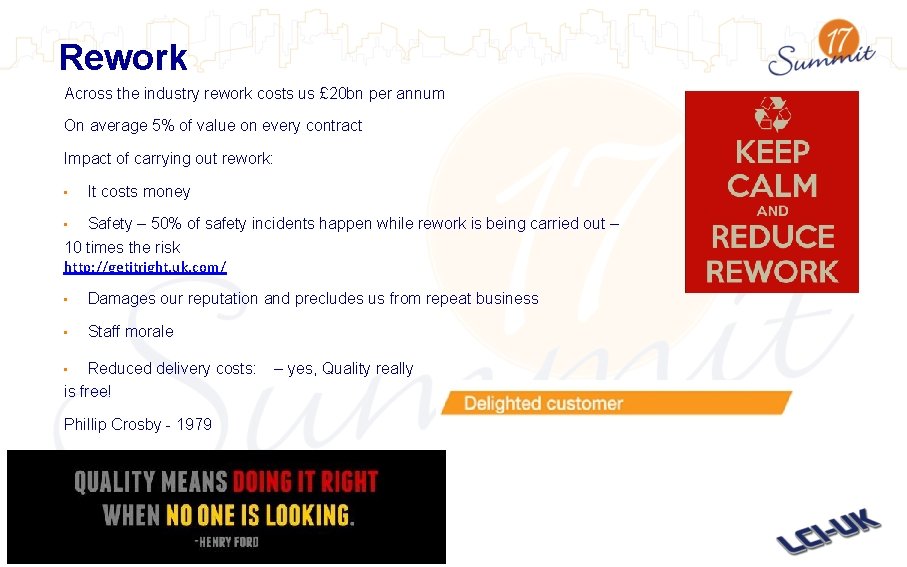 Rework Across the industry rework costs us £ 20 bn per annum On average