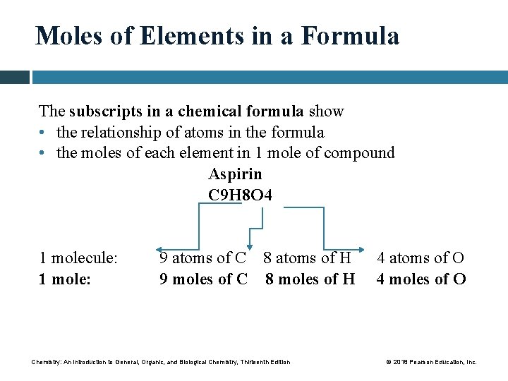 Moles of Elements in a Formula The subscripts in a chemical formula show •