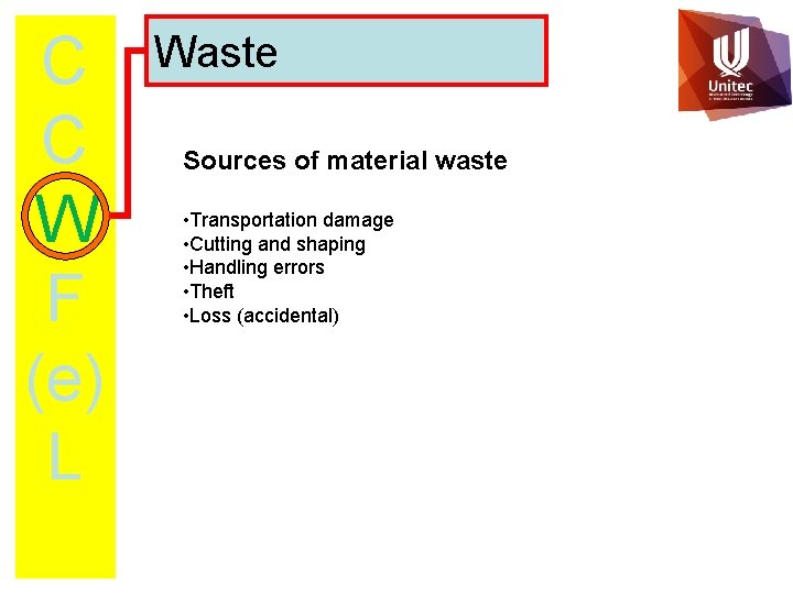 C C W F (e) L Waste Sources of material waste • Transportation damage