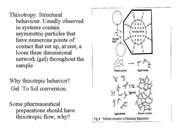 Thixotropy: Structural behaviour. Usually observed in systems contain asymmetric particles that have numerous points