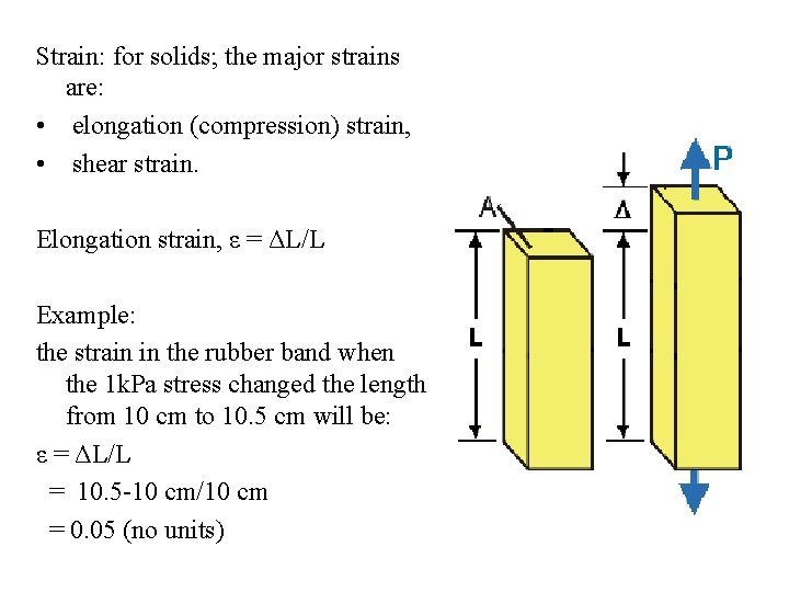 Strain: for solids; the major strains are: • elongation (compression) strain, • shear strain.