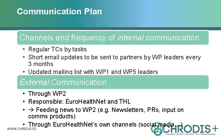 Communication Plan Channels and frequency of internal communication • Regular TCs by tasks •