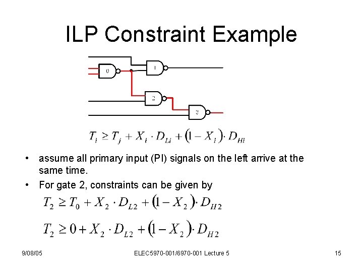 ILP Constraint Example • assume all primary input (PI) signals on the left arrive