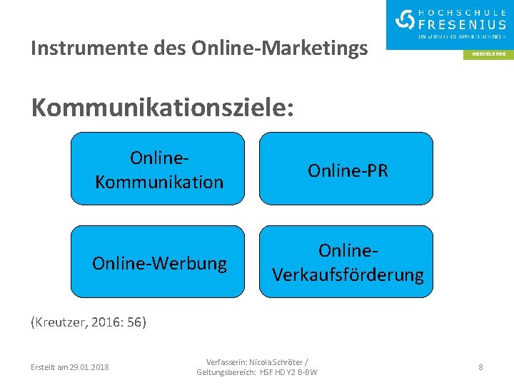 Instrumente des Online-Marketings Kommunikationsziele: Online. Kommunikation Online-PR Online-Werbung Online. Verkaufsförderung (Kreutzer, 2016: 56) Erstellt