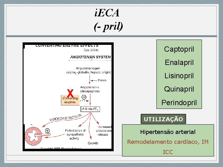 i. ECA (- pril) Captopril Enalapril Lisinopril X Quinapril Perindopril UTILIZAÇÃO Hipertensão arterial Remodelamento