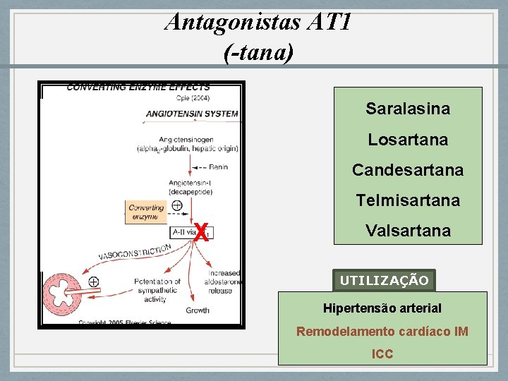 Antagonistas AT 1 (-tana) Saralasina Losartana Candesartana Telmisartana X Valsartana UTILIZAÇÃO Hipertensão arterial Remodelamento