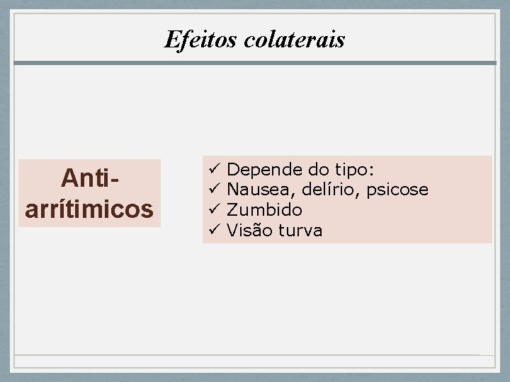 Efeitos colaterais Antiarrítimicos ü ü Depende do tipo: Nausea, delírio, psicose Zumbido Visão turva