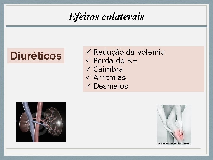 Efeitos colaterais Diuréticos ü ü ü Redução da volemia Perda de K+ Caimbra Arritmias