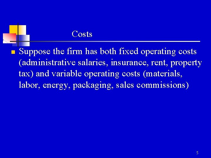 Costs n Suppose the firm has both fixed operating costs (administrative salaries, insurance, rent,