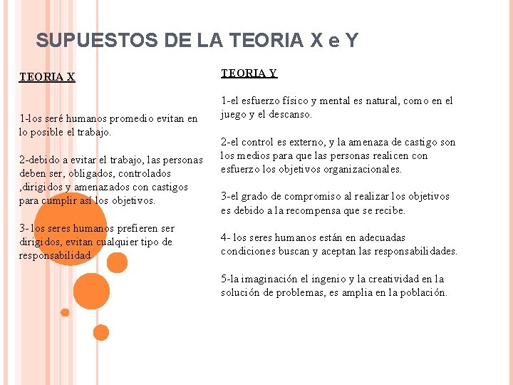 SUPUESTOS DE LA TEORIA X e Y TEORIA X 1 -los seré humanos promedio