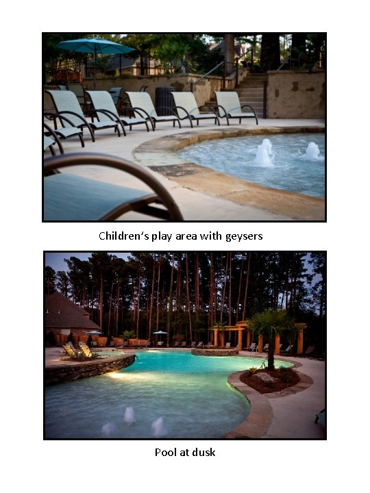 Children’s play area with geysers Pool at dusk 