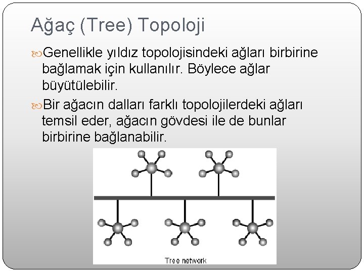 Ağaç (Tree) Topoloji Genellikle yıldız topolojisindeki ağları birbirine bağlamak için kullanılır. Böylece ağlar büyütülebilir.