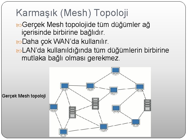 Karmaşık (Mesh) Topoloji Gerçek Mesh topolojide tüm düğümler ağ içerisinde birbirine bağlıdır. Daha çok