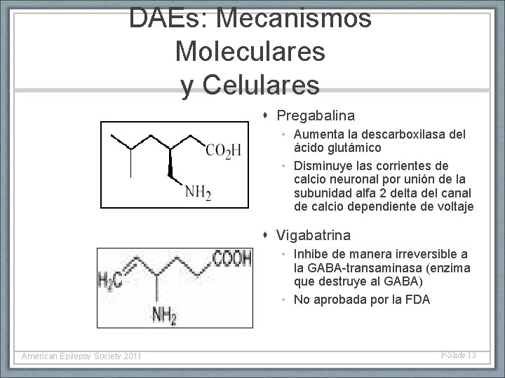 DAEs: Mecanismos Moleculares y Celulares Pregabalina • Aumenta la descarboxilasa del ácido glutámico •