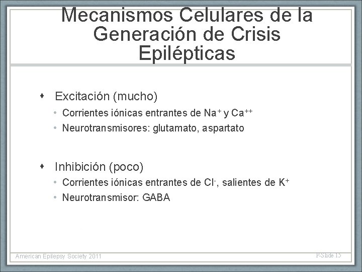 Mecanismos Celulares de la Generación de Crisis Epilépticas Excitación (mucho) • Corrientes iónicas entrantes