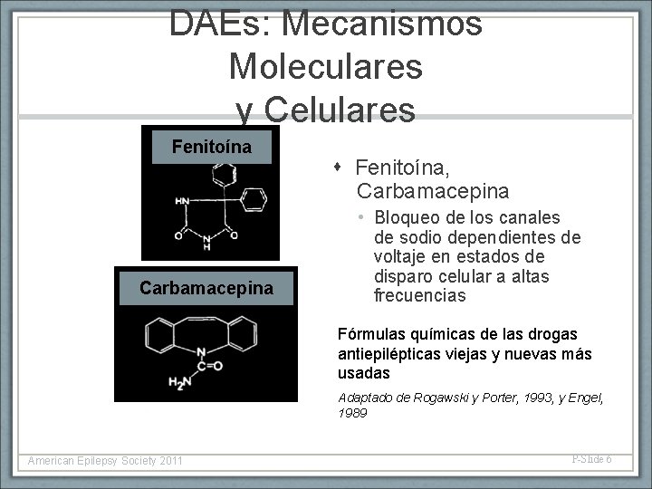DAEs: Mecanismos Moleculares y Celulares Fenitoína Carbamacepina Fenitoína, Carbamacepina • Bloqueo de los canales
