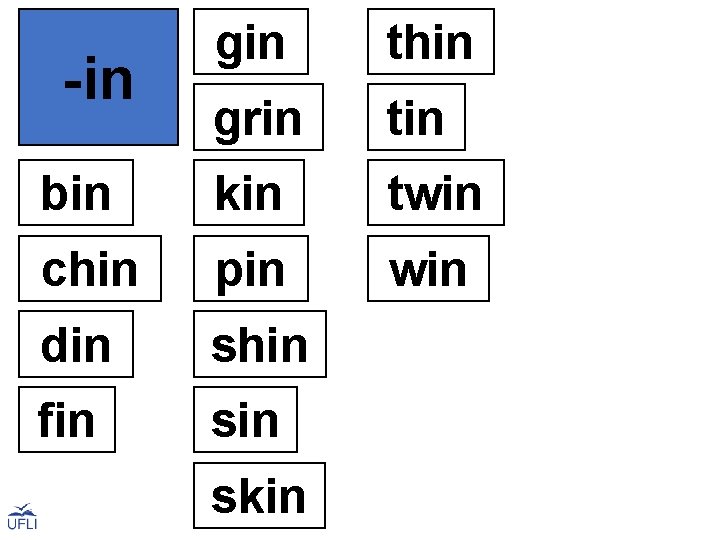  gin thin grin tin bin kin twin chin pin win din shin fin