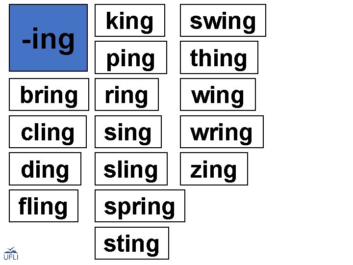 -ing king swing ping thing bring wing cling sing wring ding sling zing fling