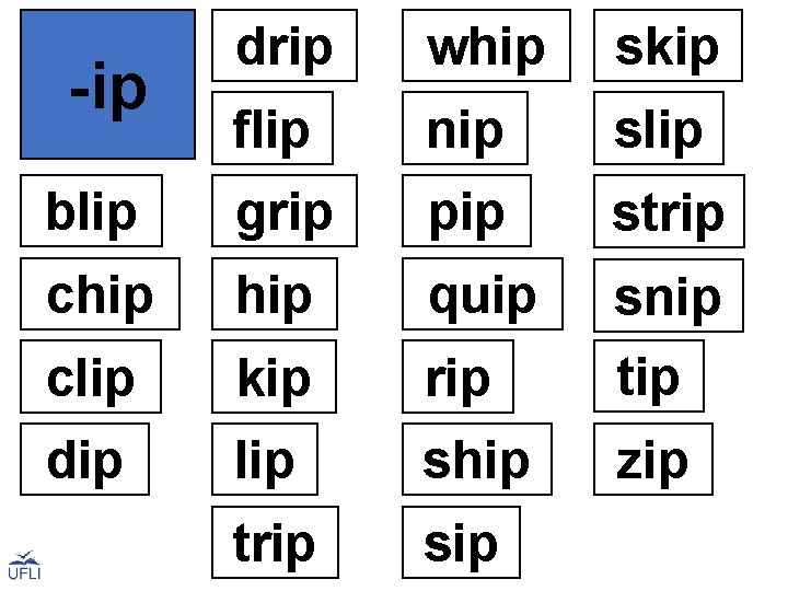 -ip blip drip whip skip flip nip slip grip pip strip chip quip snip