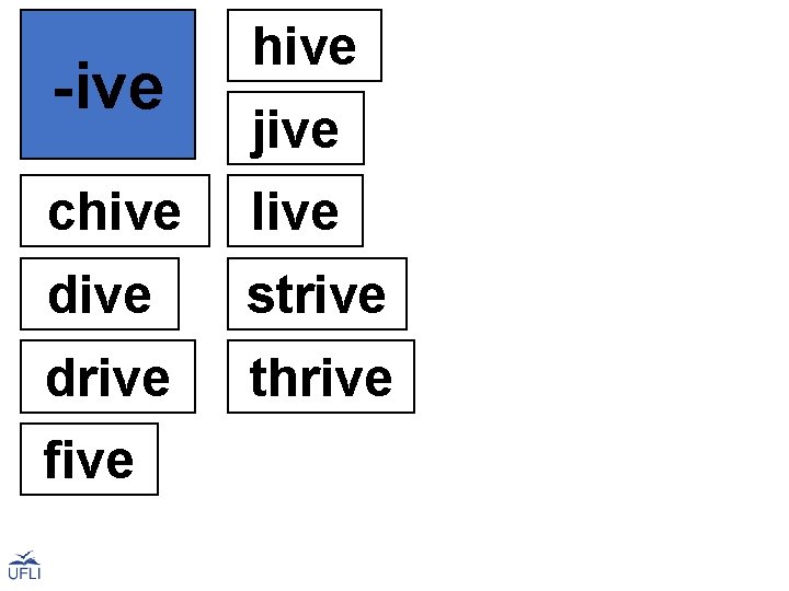-ive hive jive chive live dive strive drive thrive five 