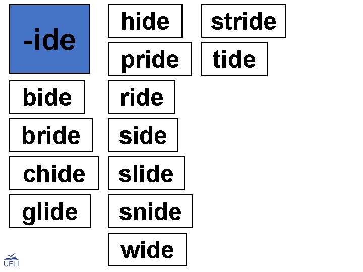 -ide hide pride tide bide ride bride side chide slide glide stride snide wide