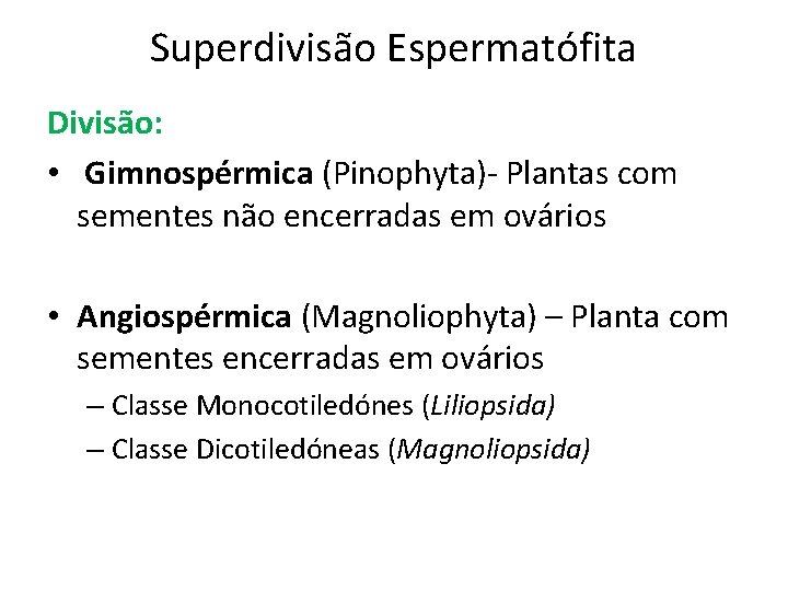 Superdivisão Espermatófita Divisão: • Gimnospérmica (Pinophyta)- Plantas com sementes não encerradas em ovários •