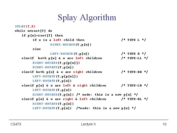 Splay Algorithm SPLAY(T, X) while x≠root[T] do if p[x]=root[T] then if x is a
