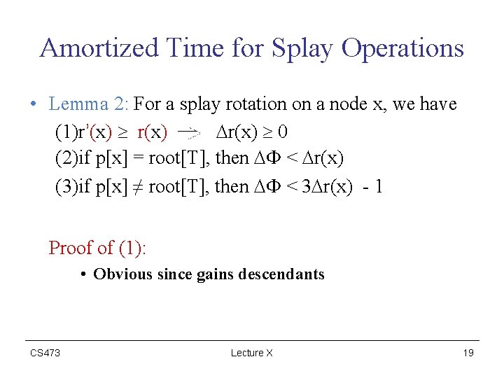 Amortized Time for Splay Operations • Lemma 2: For a splay rotation on a