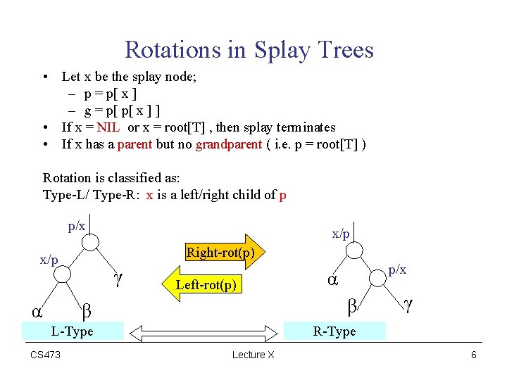 Rotations in Splay Trees • Let x be the splay node; – p =