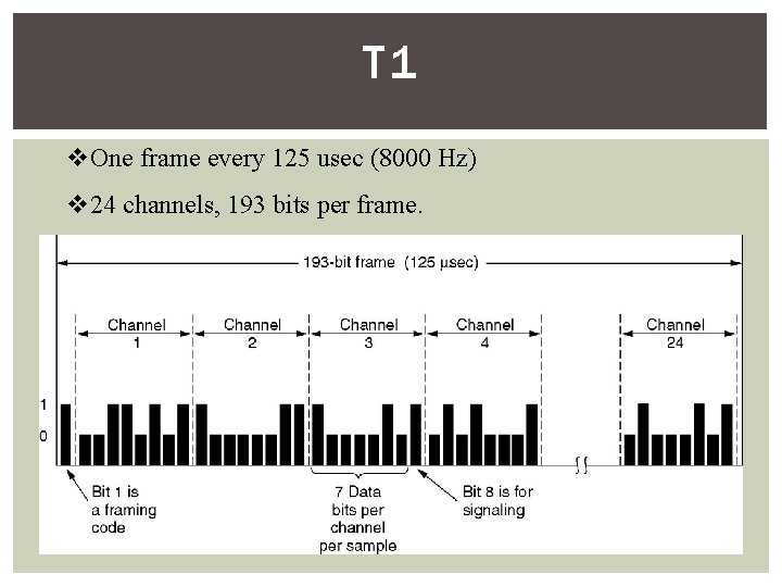 T 1 v. One frame every 125 usec (8000 Hz) v 24 channels, 193