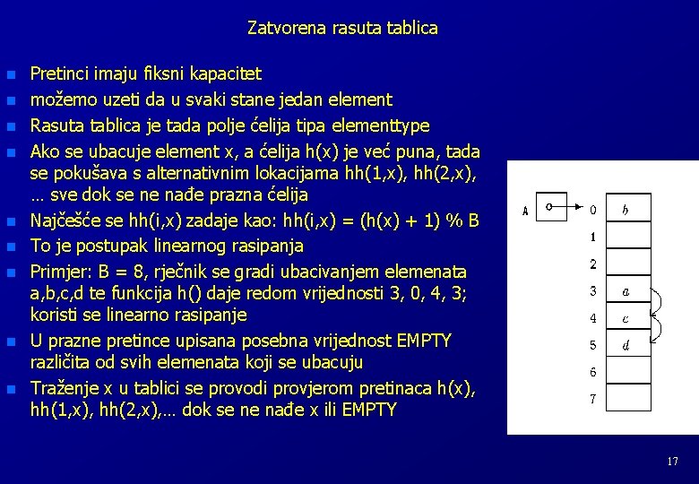Zatvorena rasuta tablica n n n n n Pretinci imaju fiksni kapacitet možemo uzeti