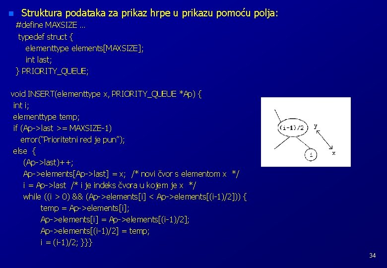 n Struktura podataka za prikaz hrpe u prikazu pomoću polja: #define MAXSIZE … typedef