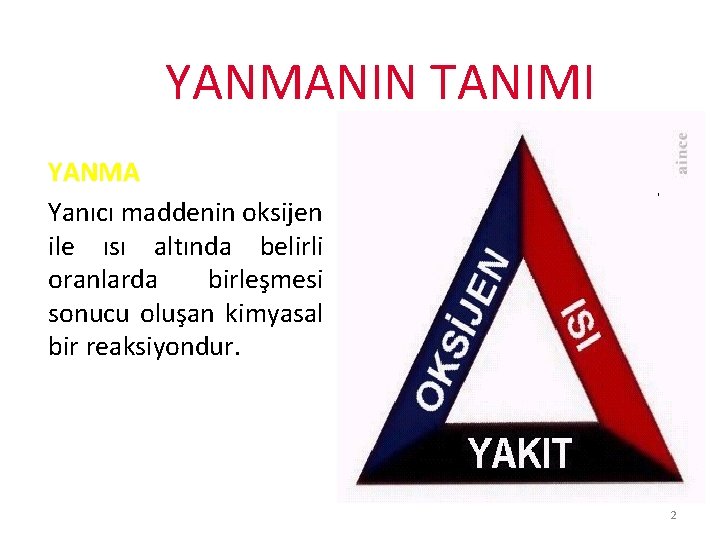 YANMANIN TANIMI YANMA Yanıcı maddenin oksijen ile ısı altında belirli oranlarda birleşmesi sonucu oluşan