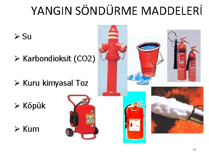  YANGIN SÖNDÜRME MADDELERİ Ø Su Ø Karbondioksit (CO 2) Ø Kuru kimyasal Toz