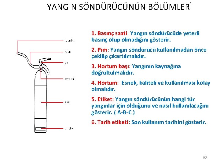  YANGIN SÖNDÜRÜCÜNÜN BÖLÜMLERİ 1. Basınç saati: Yangın söndürücüde yeterli basınç olup olmadığını gösterir.