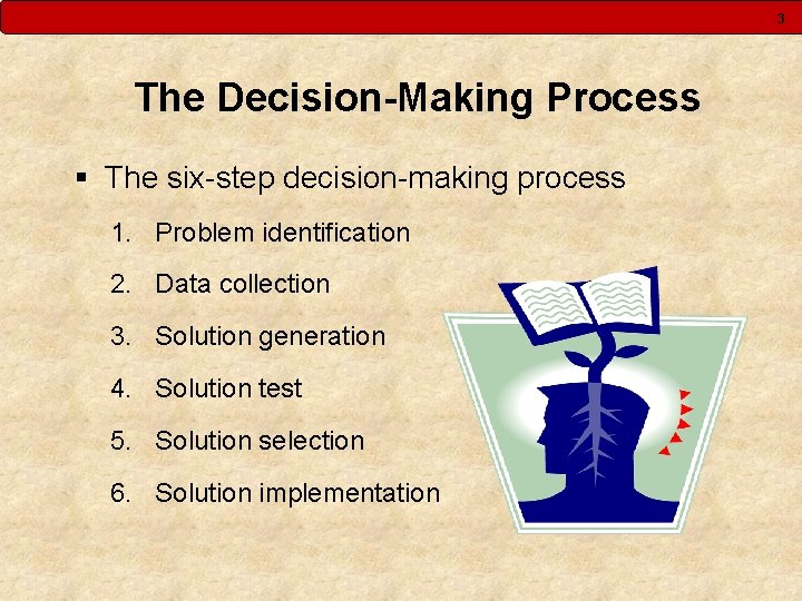 3 The Decision-Making Process § The six-step decision-making process 1. Problem identification 2. Data