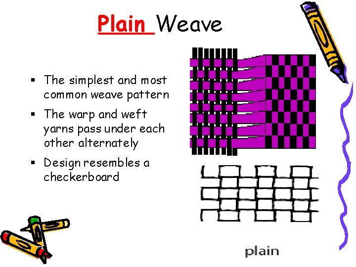 Plain Weave The simplest and most common weave pattern The warp and weft yarns