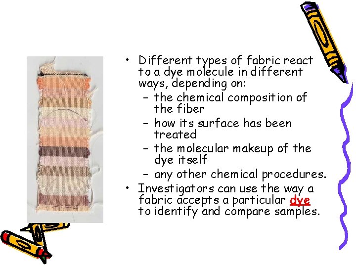  • Different types of fabric react to a dye molecule in different ways,